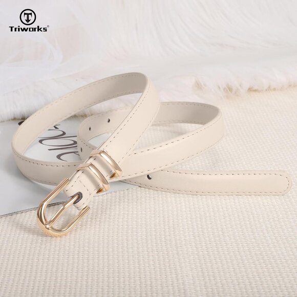 2 Pack Women's Skinny Leather Belts Black Beige Gold Thin Faux with Gold Buckle - Picture 4 of 7